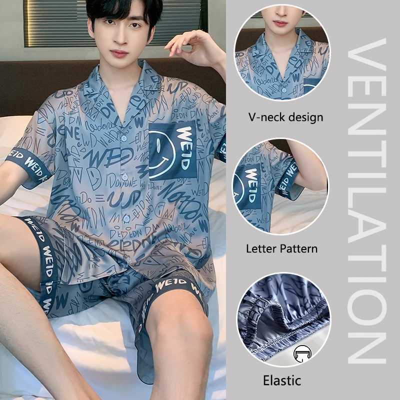 Large Size Men Pajamas Set Ice Silk Cartoon Bear Short-Sleeved Student Two-Piece Cardigan Lapel Smiley Letters 3xl Code PajamasXJ241227