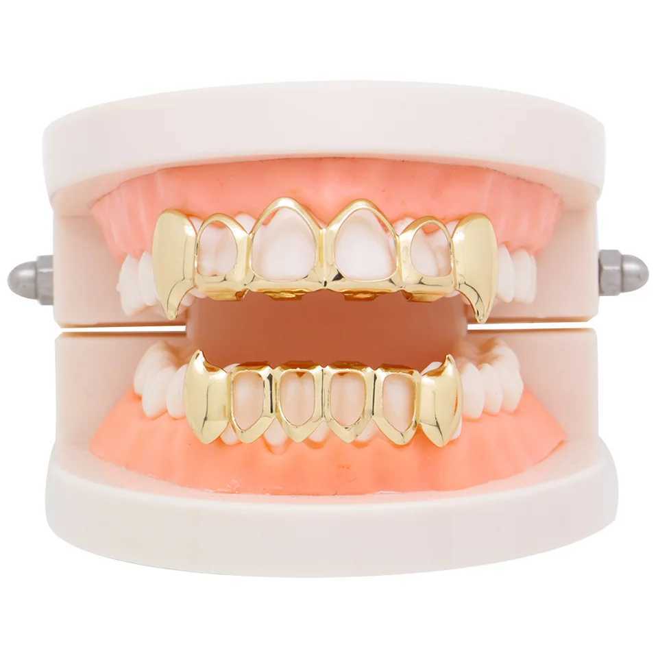 Hip-hop copper gilded small tiger teeth hollow braces men and women the same vampire fangs Halloween dentures props accories W241227