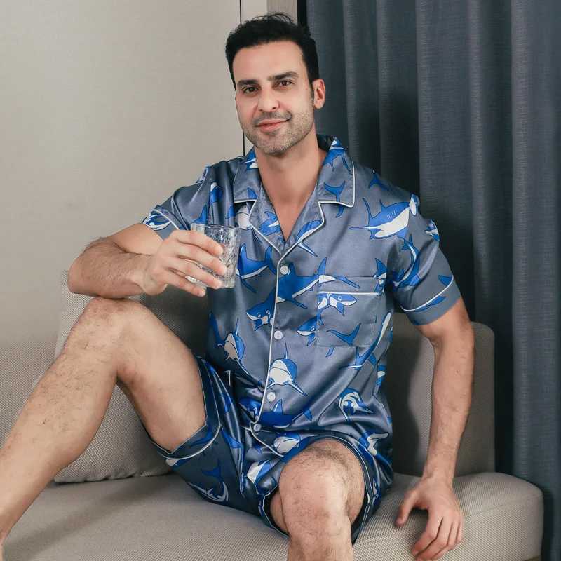 Mens pajamas short sleeved summer ice silk home clothing mens summer casual thin cardigan can be worn as a set home clothingXJ241227