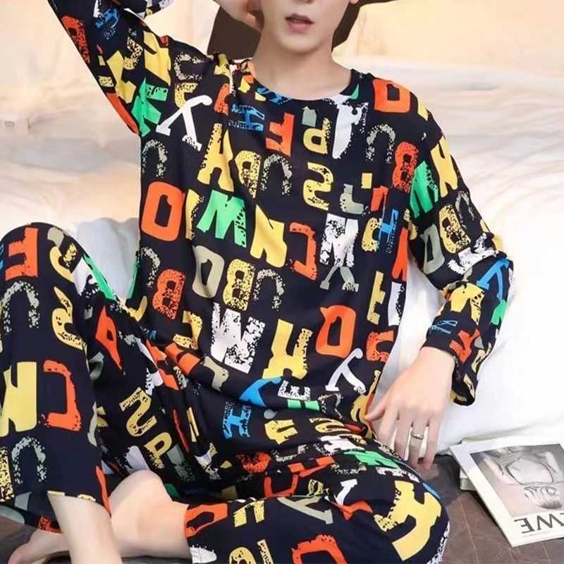 2Pcs/set mens long-s long-sleeved trousers pajamas autumn and winter large size teenagers home clothing round neck striped riveXJ241227