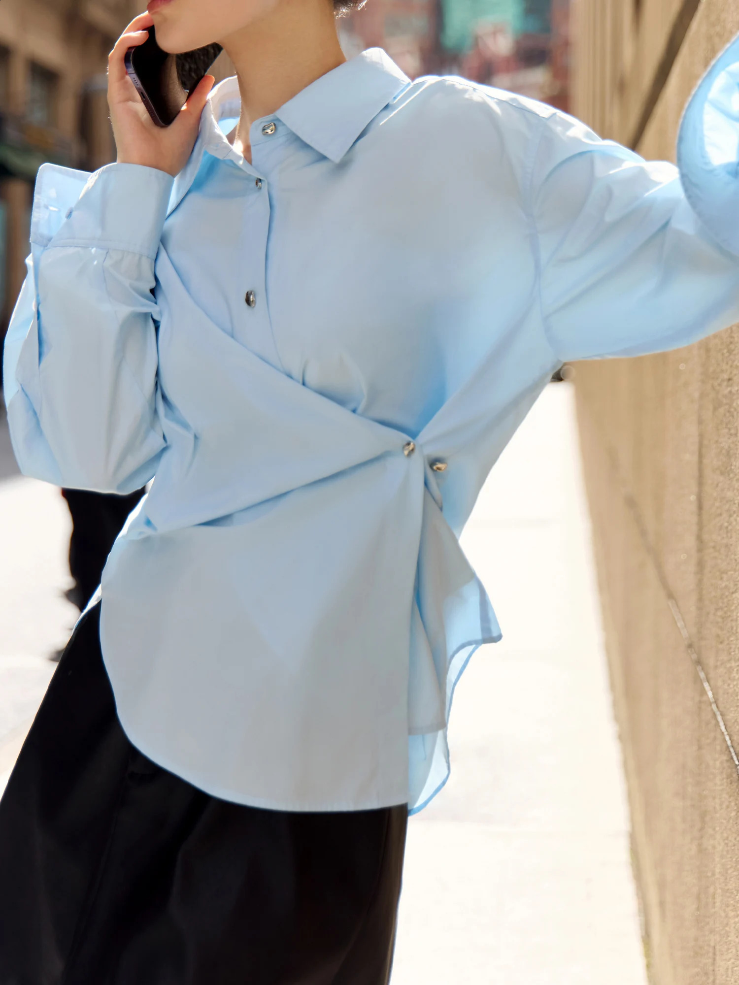 DUSHU Women Shirts Blue Long Sleeve Blouse Top 100% Cotton Shirt For Female Autumn Pink Tops 24DS83273 241218