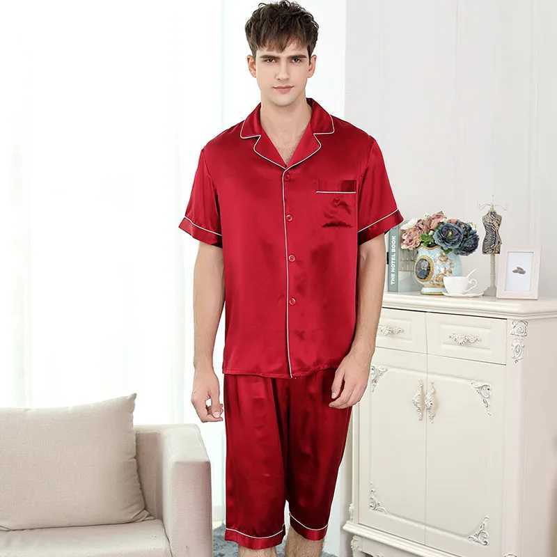Birdsky 1SET Men pajamas pijamas pajama pj set men nightwear short sleeve sleepwear 100% mulberry silk satin solid S-333XJ241227
