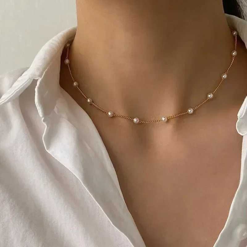 New Beads Womens Neck Chain Kpop Pearl Choker Necklace Gold Color Goth Chocker Jewelry on The Neck Pendant 2024 Collar for GirlXJ241227