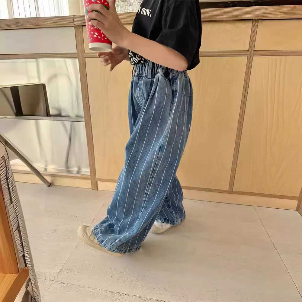 2024 Spring Summer Kids jeans fashion Boys Vertical stripes denim wide leg pants Girls loose casual Trousers W241227