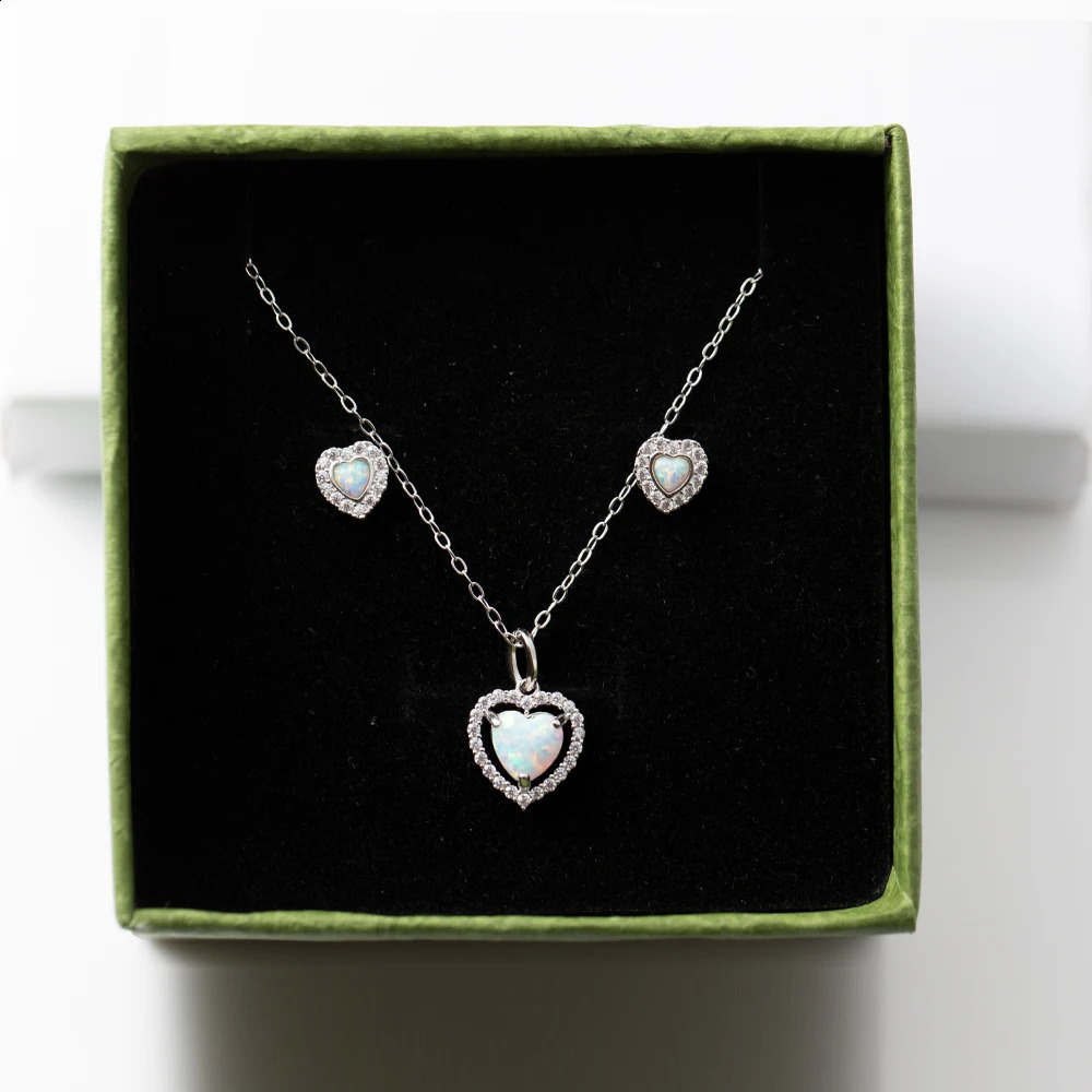 CCFJOYAS Light French Romantic Opal Peach Heart Earrings/Necklace Set 925 Sterling Silver Fine Wedding Jewelry Set Gift 241226