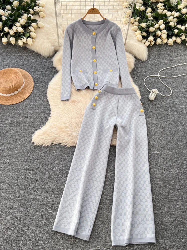 Autumn Winter Printed Knitted Two Piece Sets Women Round Neck Long Sleeve Sweater High Waisted Wide Leg Pants Vintage Tracksuits 241224