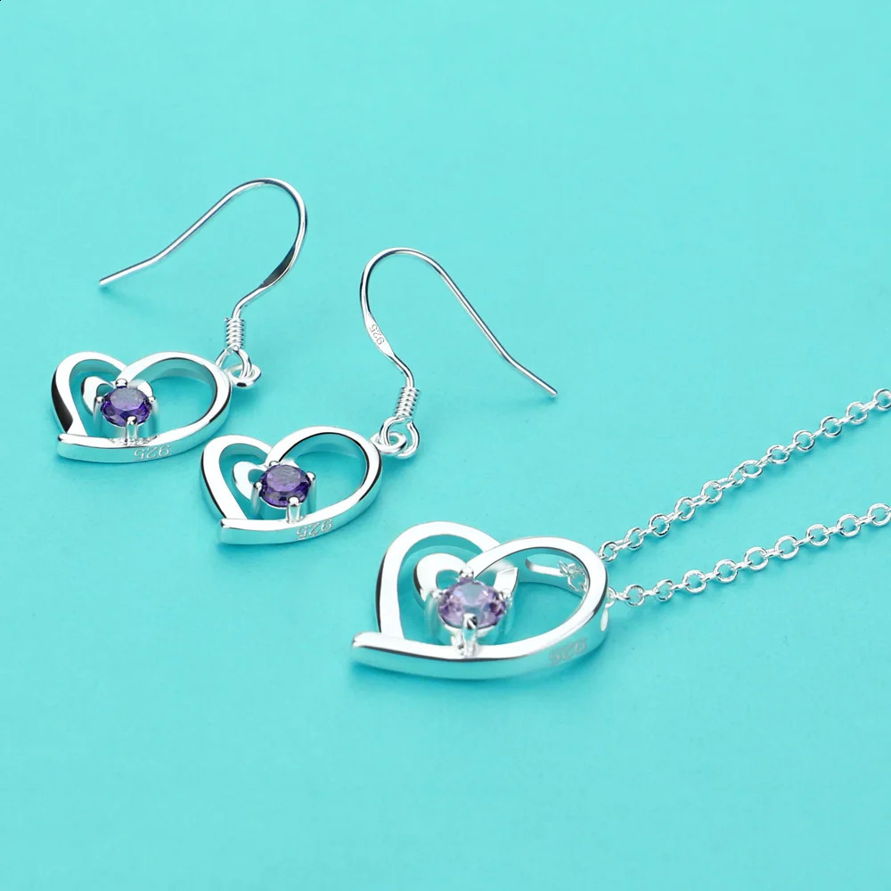 Original 925 Sterling Silver Heart-Shaped Necklace Set For Women Trendy Cubic Zircon Pendant Earring Jewelry Gifts 241226