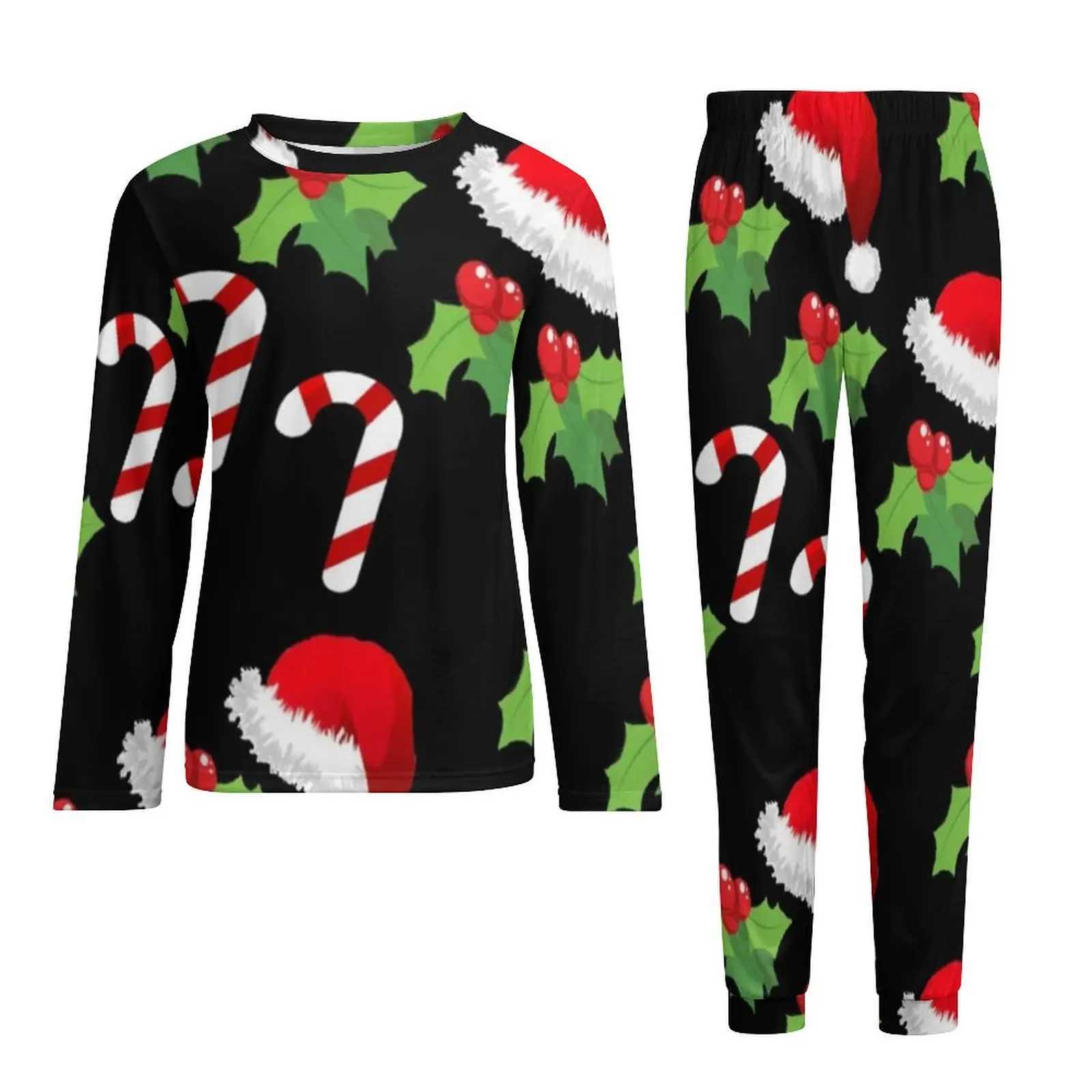 Christmas Hat Print Pajamas Daily Cartoon Christmas Bedroom Nightwear Male 2 Pieces Custom Long Sleeves Big Size Pajamas SetXJ241227