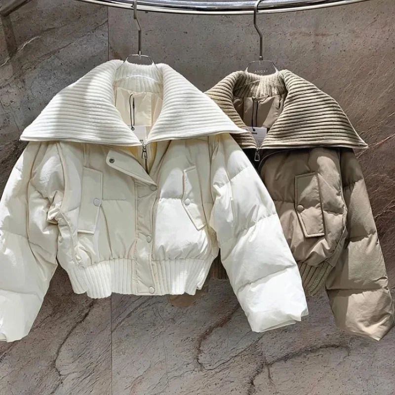 Korean Fashion Knit Collar Autumn Winter Coat Women Thickened Puffer Jacket Loose Parka Warm Cottonpadded Short Coats 241226Z