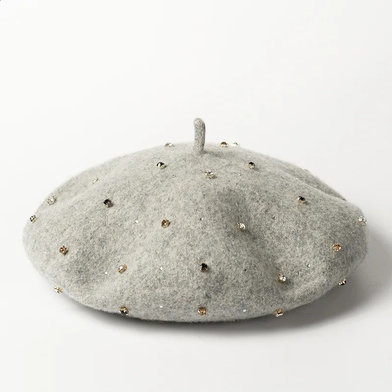 COKK Hand Sewing Wool Beret Women Hat Autumn Winter Rhinestone Beret Cap Hat Female Korean Painter Cap Boina Gorras Vintage 241226