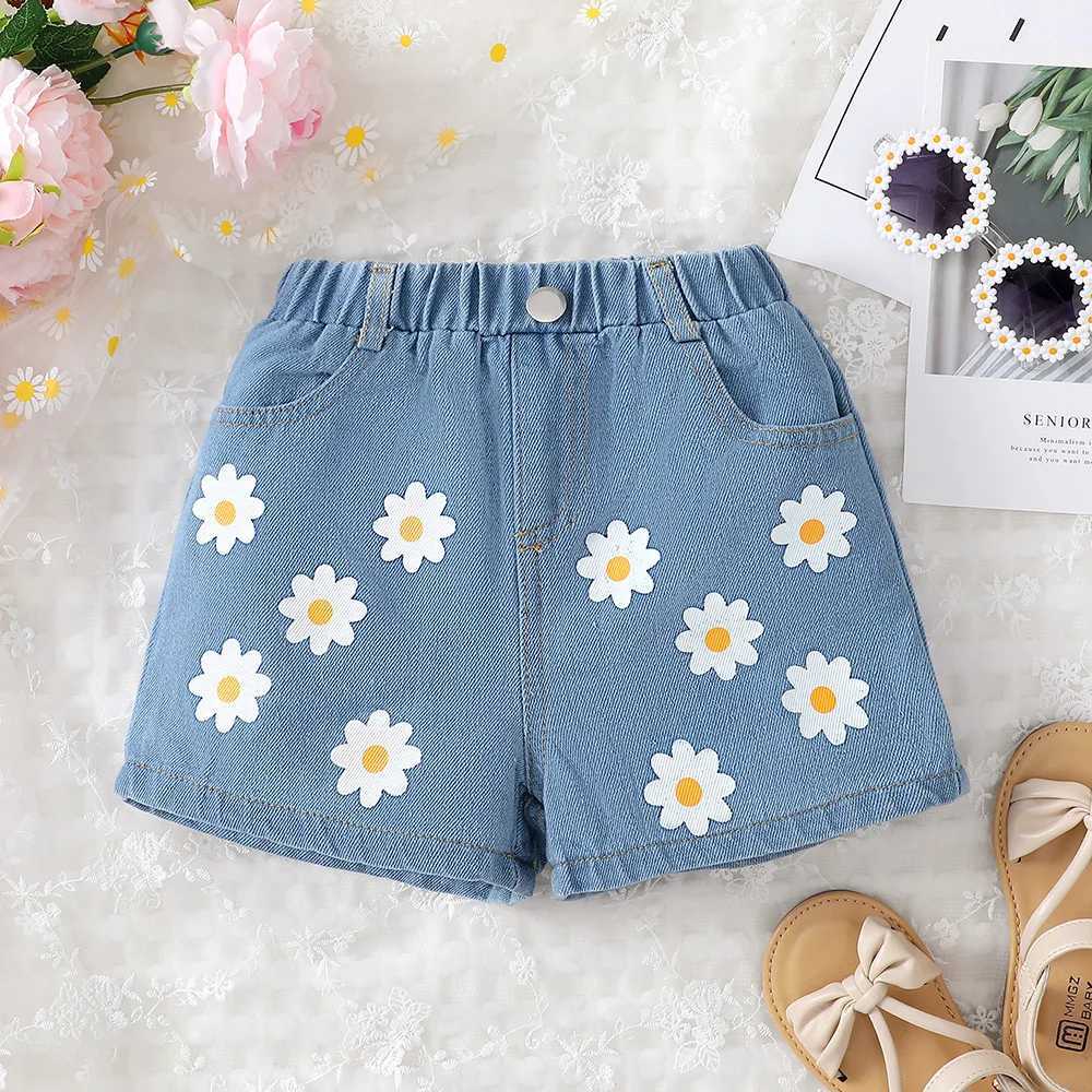 4-7 Ages Kid Girl Fashion Leisure Daisy Denim Shorts Blue Elastic Waistband Korean Style Shorts for Children Summer Outdoor Wear W241227