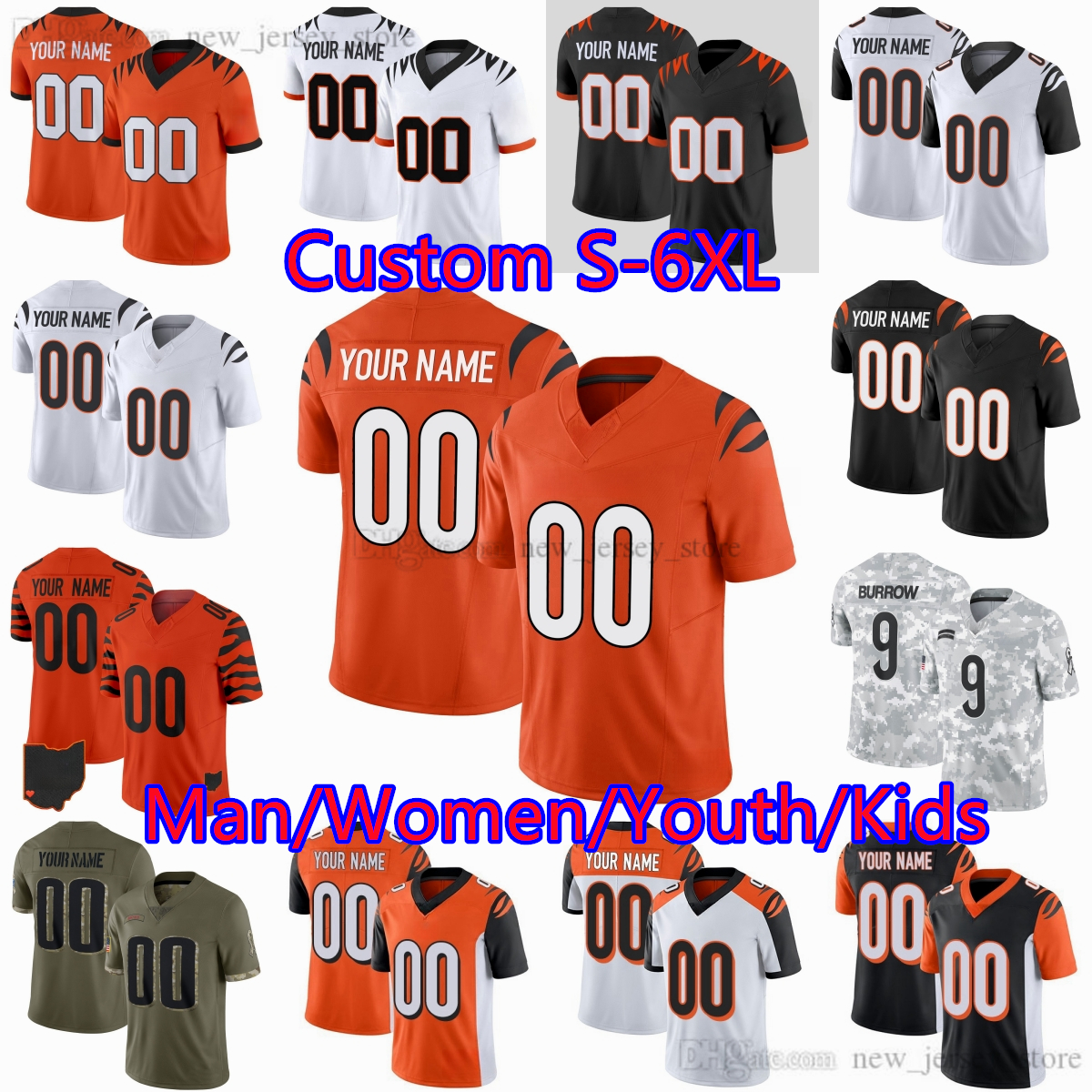 DIY Custom 9 Joe Burrow Jersey Stitched S-6XL Football 1 Ja'Marr Chase Brown Jerseys Higgins Hubbard Gesicki Hendrickson Esiason Ochocinco Man Women Youth Kids Boys