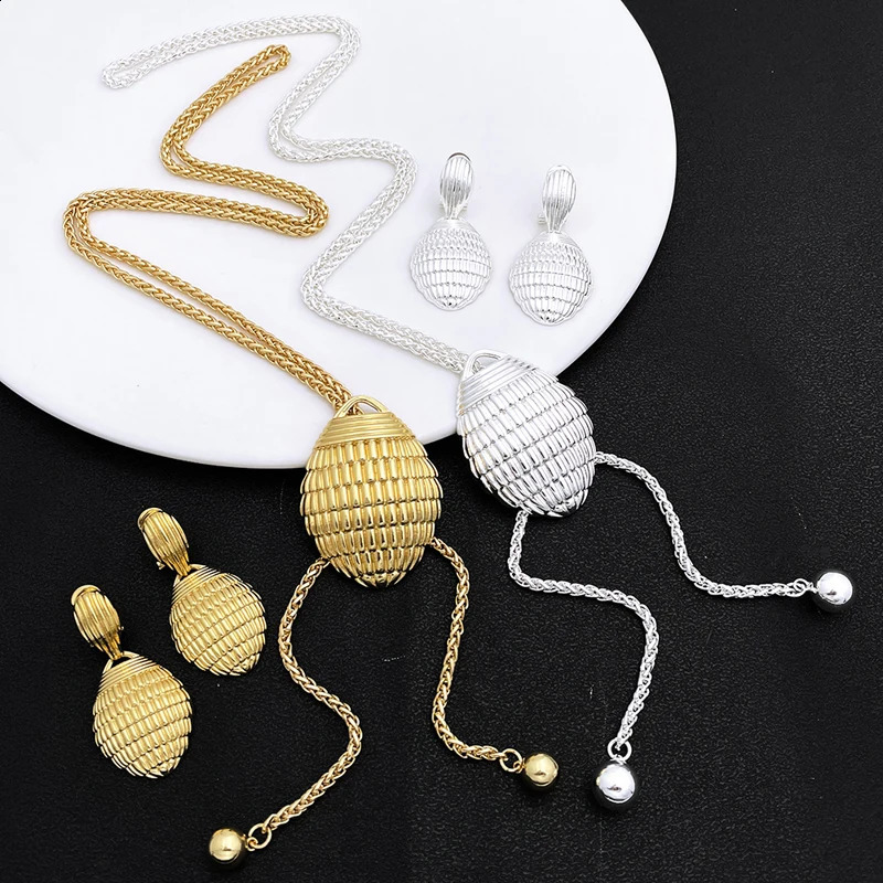 85CM Long Necklace Earrings For Women Adjustable Length Sweater Chain Gold Plated 3PCS Set Fashion Jewelry Wedding Party Gift 241226