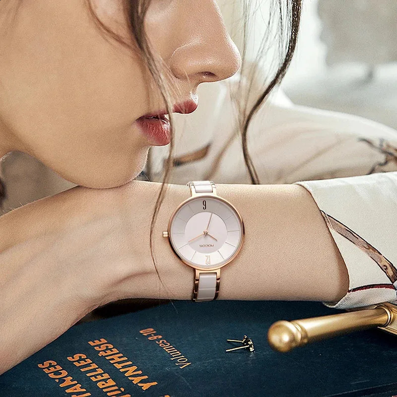 ROCOs Ceramic Fashion Quartz Watch Elegant Ladies Watches Waterproof for Women Slim Clock 241225