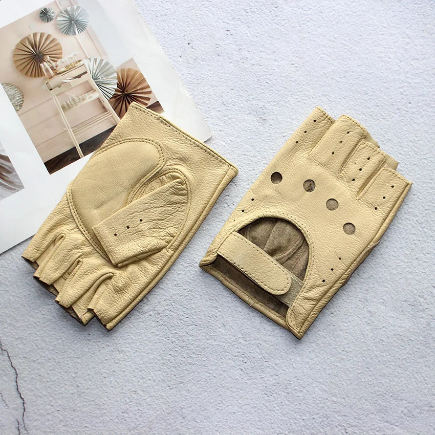 Leather Half-Finger Gloves Female Fitness Fashion Driver Driving Single-Layer Unlined Hollow Short Motorcycle Riding Gloves 241227