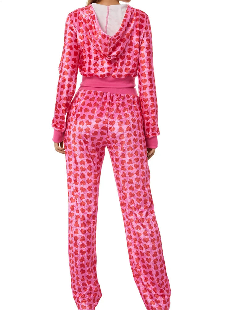 Womens Velvet Heart Print Tracksuits Long Sleeve Zipper Cropped Hooded Jackets Long Pants Autumn Winter 90s Casual 2 Piece Sets 241224