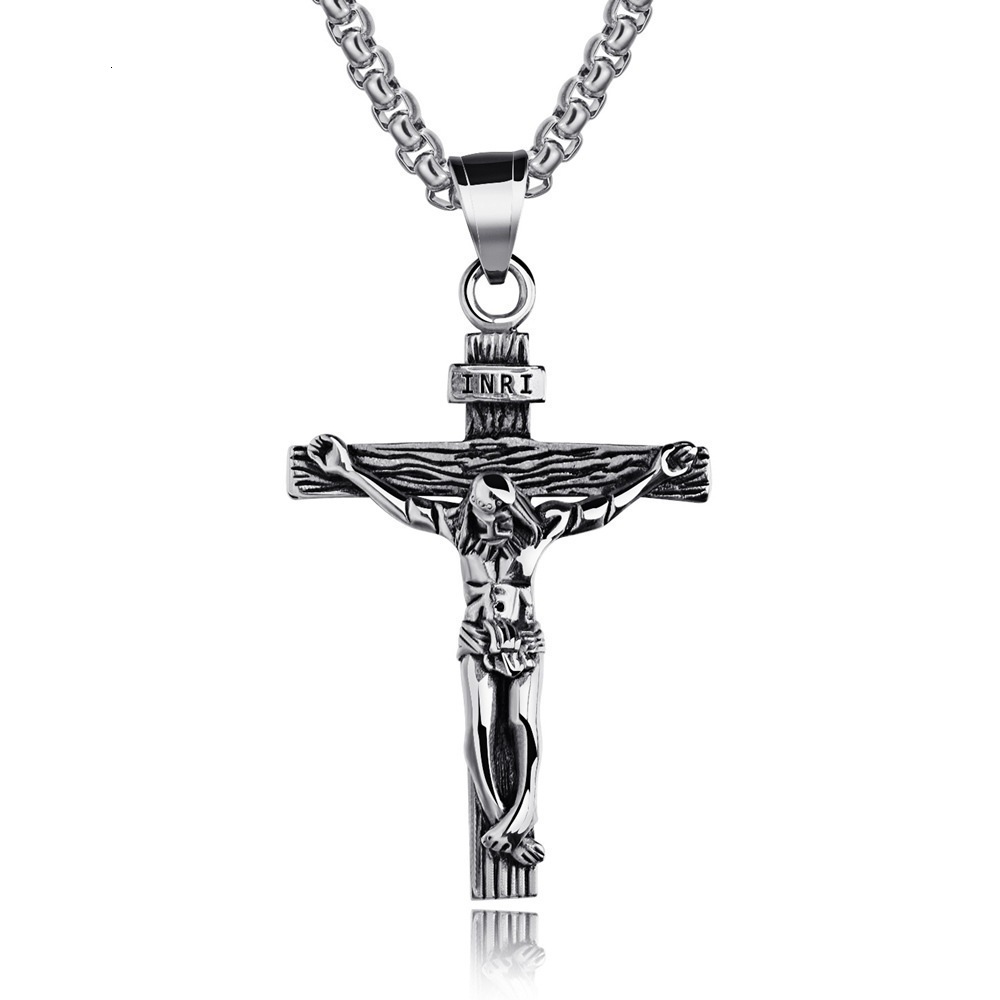 Rock Wolf Tide Classic Cross Pendant Necklace With Stainless Steel Neck Bling Gemstone Rapper Hip Hop Jewelry Collar Wholesale Bijoux