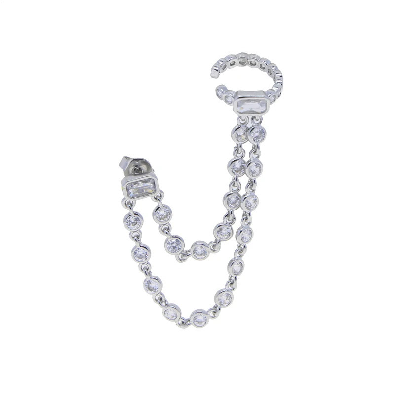 1pc Double Piercing 2 Hole Tassel Chain Mini Cz Hoop Earring Bling Cz Tennis Chain Clip on Earring Cuff Fashion Women Jewelry 241227