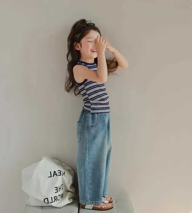 South Korean Sle loose jeans for girls 2024 fashion denim pants for children casual Trouser streetwear children chic breeze 4 seasons available W24122