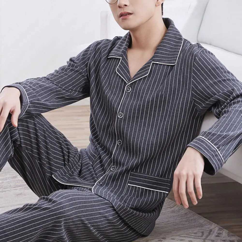 2 Pcs/Set Fall Winter Men Pajamas Set Striped Color Turn-down Collar Men Loungewear Single-breasted Elastic Waist Male HomewearXJ241227