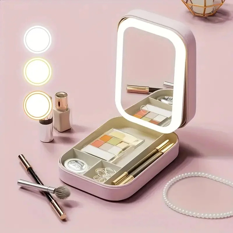 LED Mirror Makeup Storage Box Portable Travel Makeup Case Cosmetic Bag Large-capacity Make Up Storage Box Makeup Accessories 241223