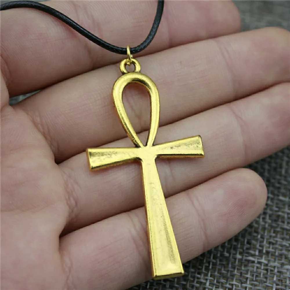 Big Ankh Cross Pendant Necklace Big Ankh Cross Wax Rope Chain Necklace Big Ankh Cross Black Leather Chain NecklaceXJ241227