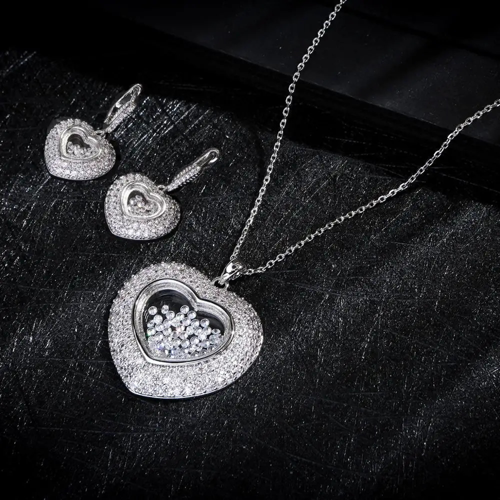 Trendy Lover Heart Wedding Necklace Earrings For Women Full Cubic Zirconia Bridal Jewelry Sets pendientes mujer moda E7664 241226