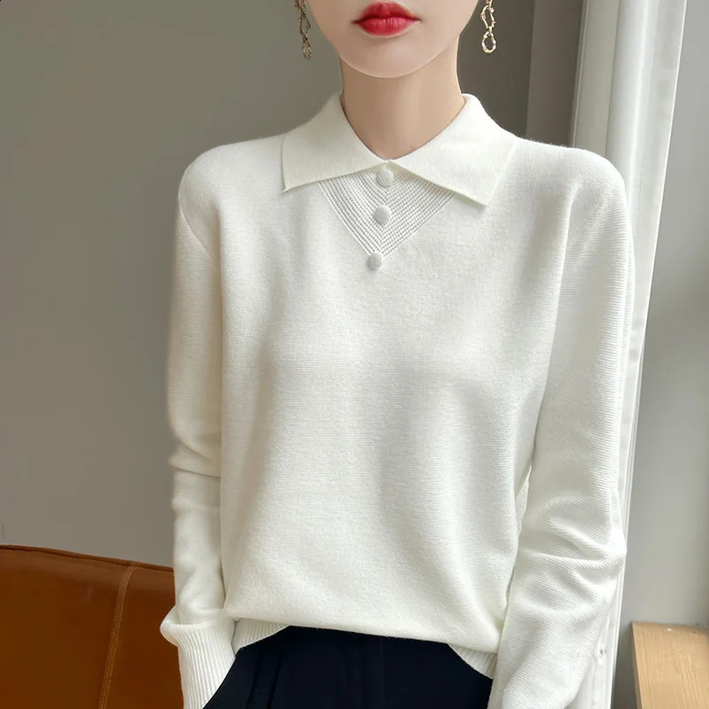 2024 AutumnWinter Flip collar Cashmere Sweater Women Knitted Loose Fashion Long Sleeve 241223
