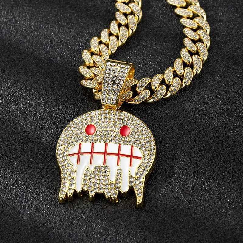 Men White Blue Cubic Zirconia Paved Hip Hop Round Face Pendants Necklaces with Cuban Chain d Out Bling CZ Fashion Boy JewelryXJ241227