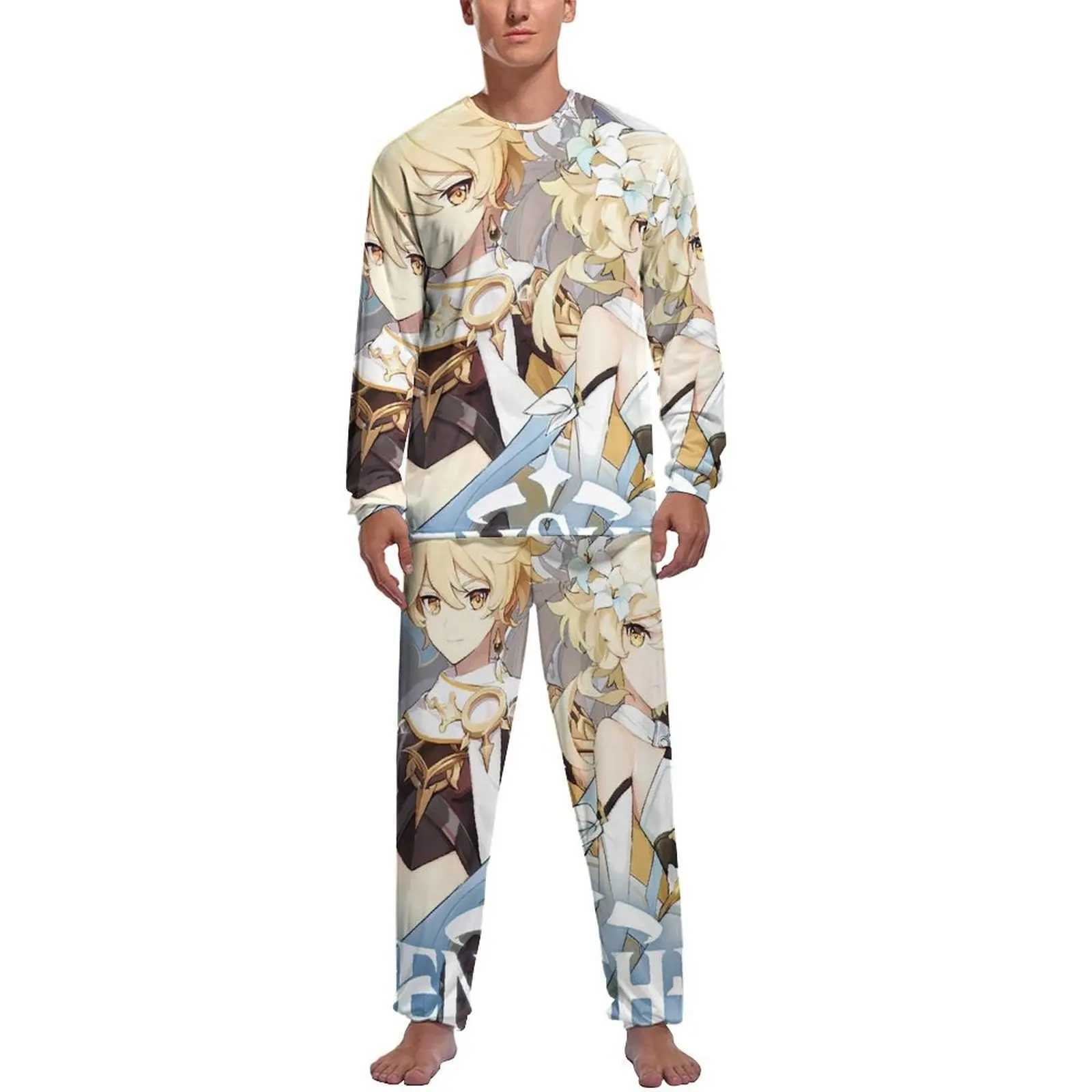 Genshin Impact Pajamas Cute Anime Men Long Sleeve Kawaii Pajamas Set 2 Piece Casual Winter Printed Sleepwear Birthday PresentXJ241227