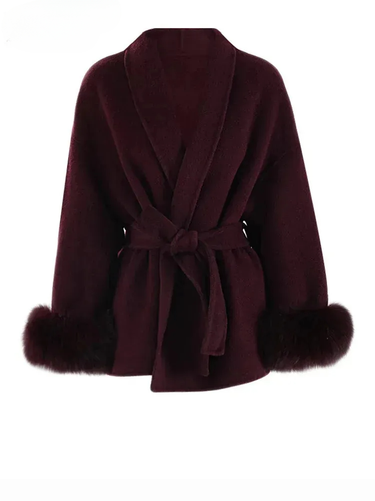 Trend Winter Large Belt Wool Coat Collar Long Sleeve Womens Jacket With Wine Red Fur Cuffs