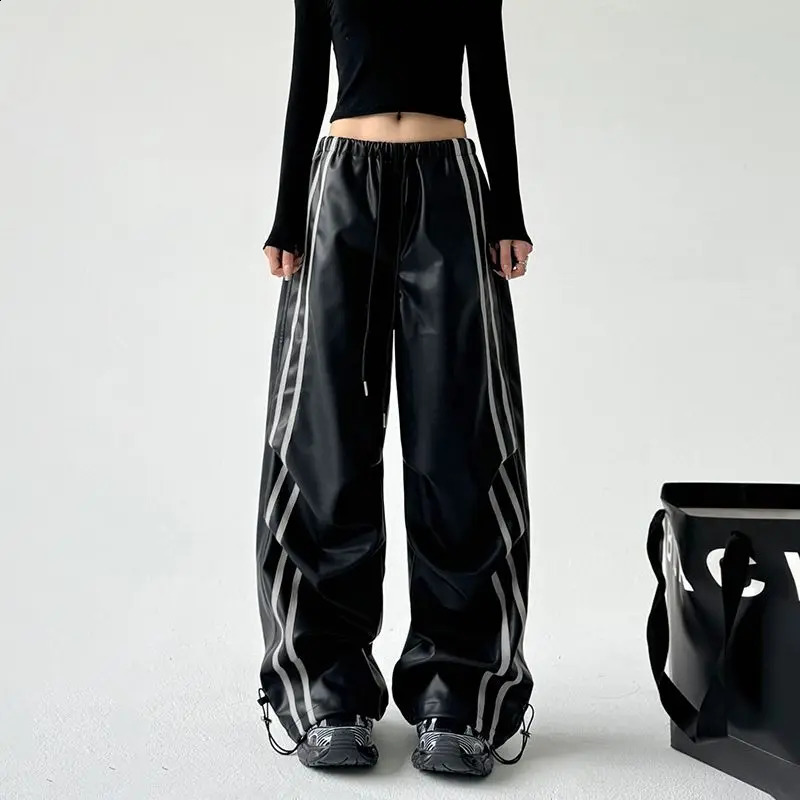 Y2K Fashion Black PU Leather Side Striped Casual Pant Retro Street Girls Loose Harajuku High Waist Straight Pants 241223