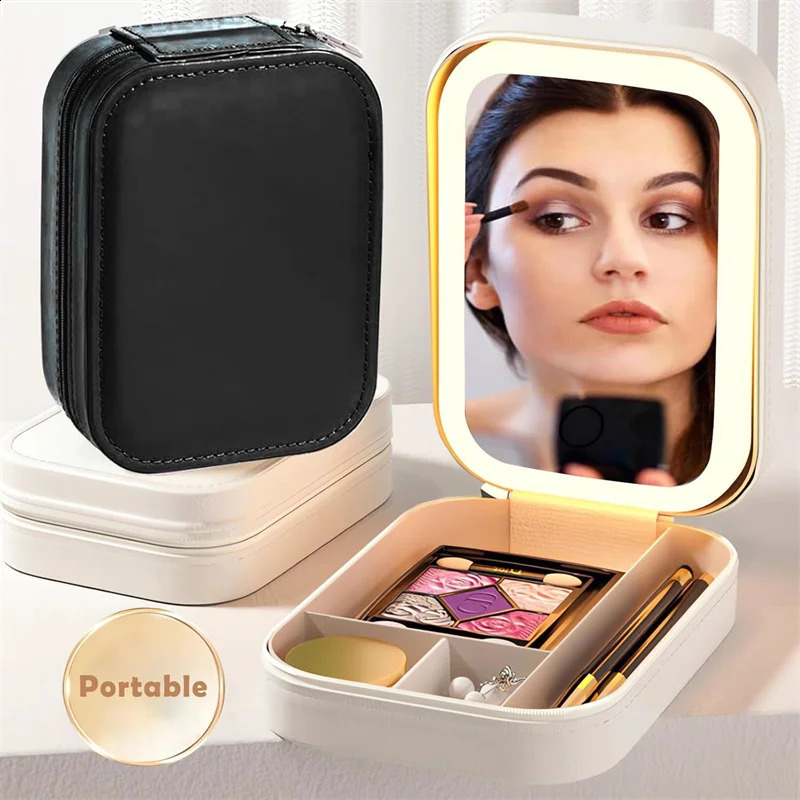 Makeup Tools Storage Case with LED Mirror Small Makeup Bag with Lighted Mirror 3 Colors Adjustable Makeup Mirror Storage Box 241223