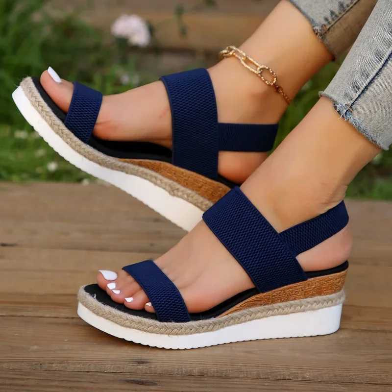 High Quality Womens Shoes Hot Sale Elastic Band Womens Sandals Summer Open Toe Solid Color Wedge Beach Shoes Ladies Platform Sandals T241227