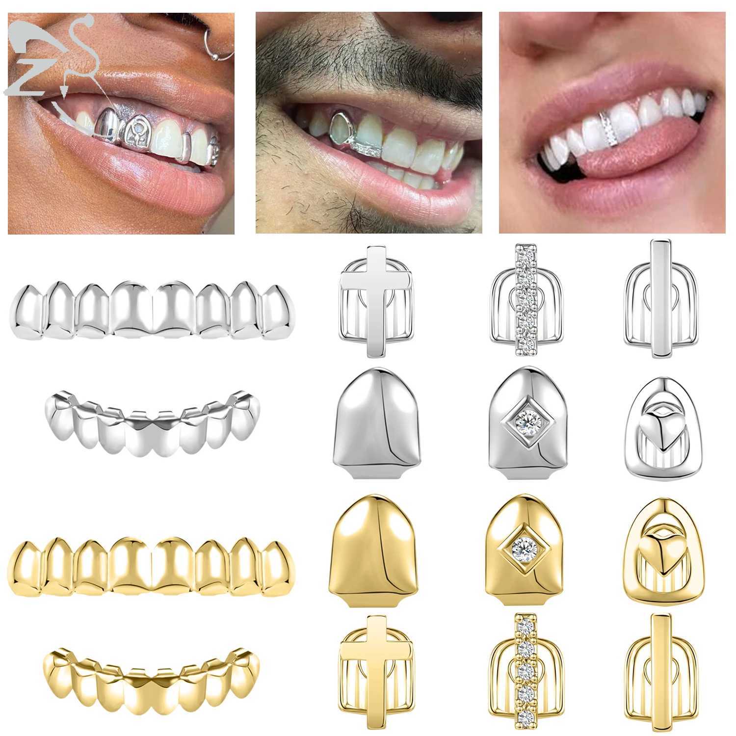 ZS 18K gold-plated Grillz cross shaped crystal gold G Grillz Hip Hop top and bottom teeth C Bling Grill Tren Open Fang W241227