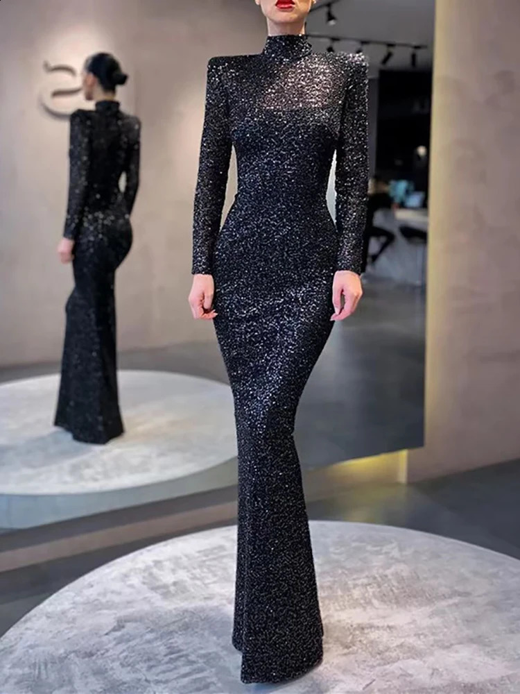 Black sequins lace High collar Evening Dresses Long sleeves Tight fitting Prom Dresses Customized vestidos de gala 241227
