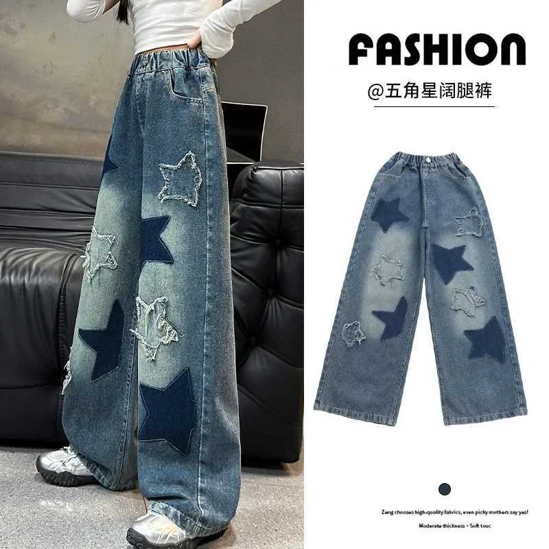 New Fashion Stars Towel Embroidery Baggy Kids Jeans Pants Y2K Clothes Straight Hip Hop Cotton Trousers Pants Home Girls jeans W241227