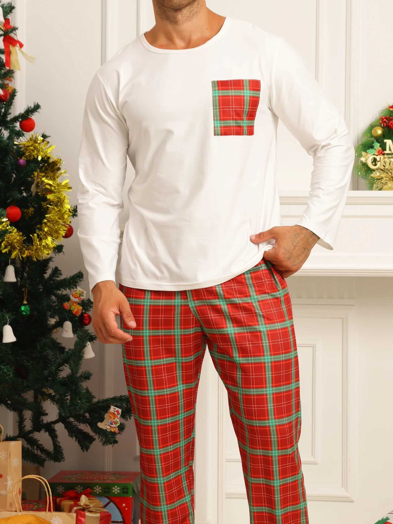 Two piece sets mens pajamas autumn and winter long sleeved pants checkered sleepwear setXJ241227