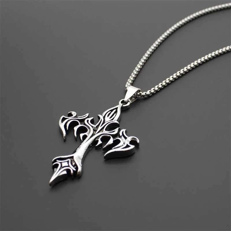 Vintage Cross Pendant Long Chain Necklace Stainl Steel Punk Hip Hop Gothic Streetwear Jewelry Men WomenXJ241227