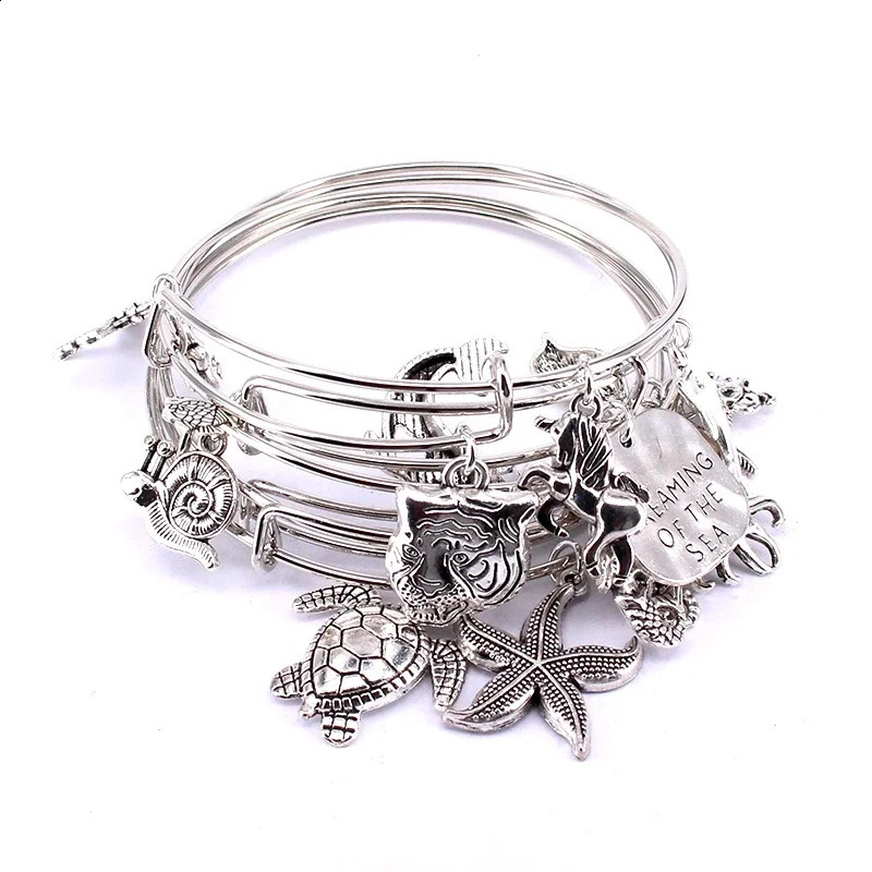 5pcs Bangle Set Wire Bracelets for Women Girls Jewllery Mixed Marine Life Starfish Dolphin Turtle Charm Bracelets C039 241227