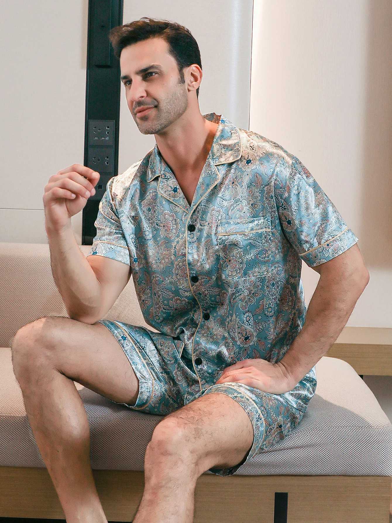 Two piece sets for mens pajamas summer short sleeved shorts flower pattern printed home clothing sleepwear setXJ241227