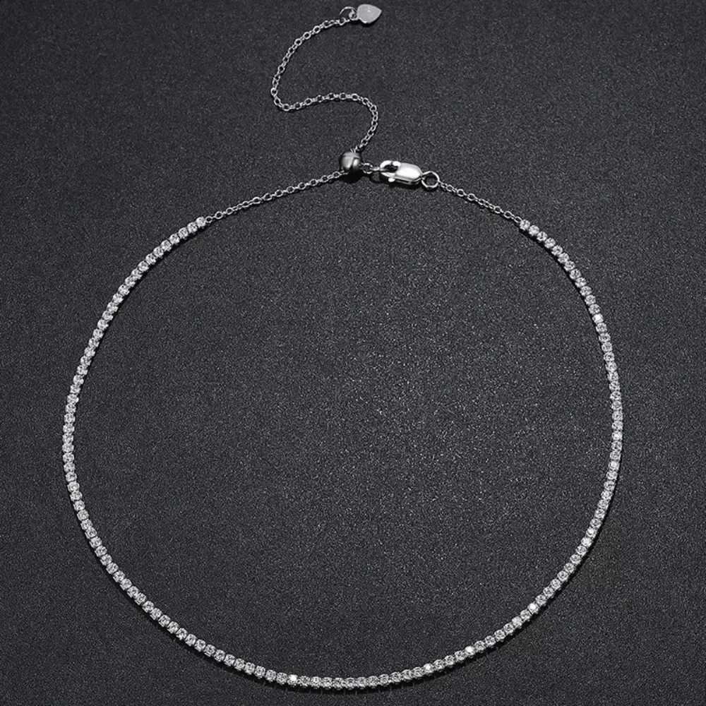 FEOBUR 2mm D Color Tennis Choker Necklace for Women S925 Silver Plated 18K Gold Adjustable Full Diamond Neck Chain 241226