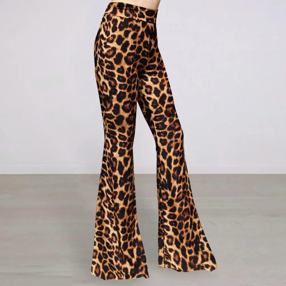High Stretch Women Pants Soft Vintage 70s Leopard Print Flared Hem Long for Elastic Waist 250206