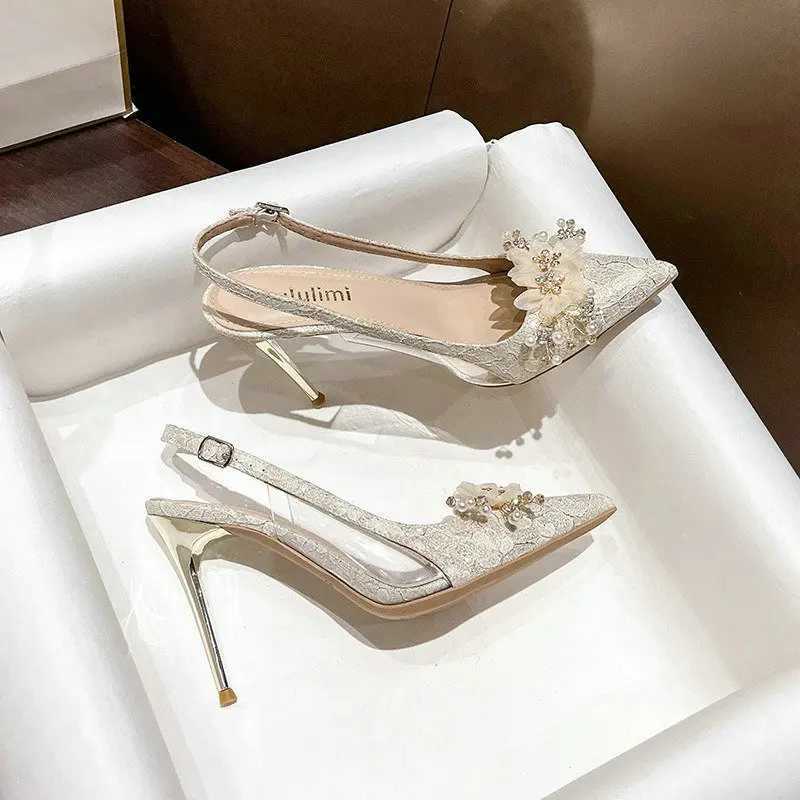 French Bride Gold Wedding Shoes Thin Heel Pointed Shallow Mouth Flower Rhinodrill High H Bao Fi Wen Sandals Z241227