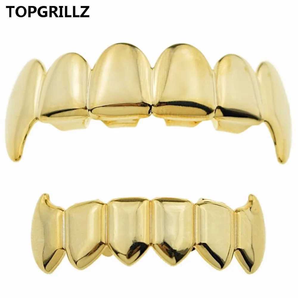 TOPGRILLZ Gold Silver Plated HIP HOP Teeth Grillz Top Bottom Grills Set With sile Real Shiny Vampire Tooth Sets W241227