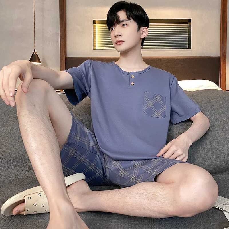 Summer Mens Plus Size Lounge Wear Fashion Cotton Pajamas Short Sleeve Pj Set Printed Stylish Plaid Homewear 3xl 4xl NightwearXJ241227