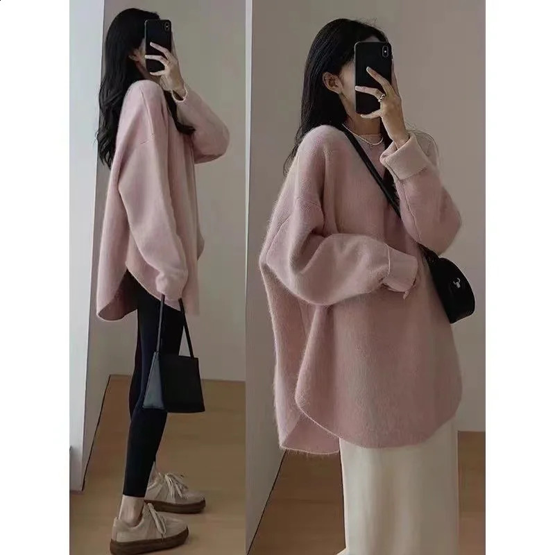 Women Loose Knitted Sweaters Casual ONeck Side Split Baggy Solid Color Pullover Knitwear Tops PYTZX36294 241223