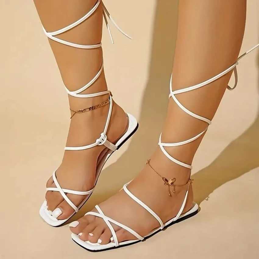 High Quality Sandals Women Summer New Beach Fashion Sexy Flat Casual Cross-Tie Open Toe Fairy Style Narrow Band Shoes Black Rome Sandals 43 T241227