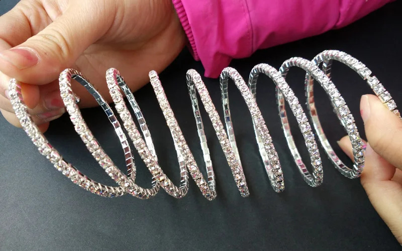 9-Row Spiral Rhinestone Bangles Silver Plated and Gold Color Bridal Wedding Crystal Bangle Bracelets for Women 241227