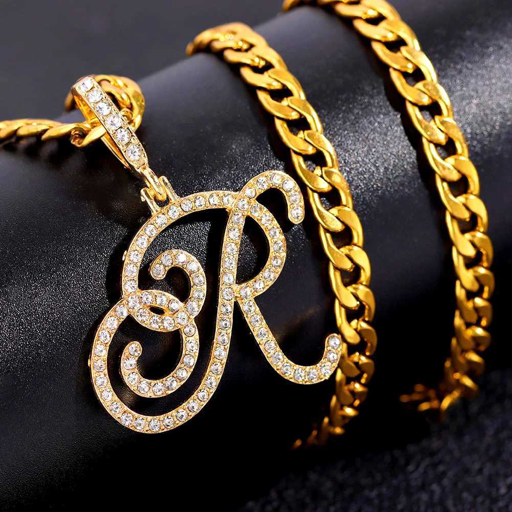 Bling Crystal Initial Cursive Letters Pendant Zircon Necklace For Women Men Stainl Steel Cuban Chain Necklace Hip Hop JewelryXJ241227